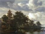 Jacob Isaackszoon van Ruisdael - Bilder Gemälde - A wooded landscape with figures by a river