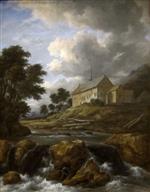 Jacob Isaackszoon van Ruisdael  - Bilder Gemälde - Landscape with a Church by a Torrent