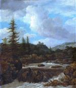 Jacob Isaackszoon van Ruisdael  - Bilder Gemälde - Landscape with a waterfall near a castle