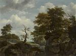 Jacob Isaackszoon van Ruisdael  - Bilder Gemälde - Landscape with Bridge, Cattle and Figures