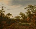 Jacob Isaackszoon van Ruisdael  - Bilder Gemälde - Road through a Wooded Landscape at Twilight
