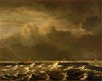Jacob Isaackszoon van Ruisdael  - Bilder Gemälde - Rough Seas Breaking over a Jetty