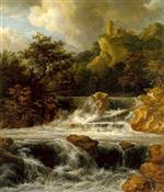 Jacob Isaackszoon van Ruisdael  - Bilder Gemälde - Waterfall with Castle on Rock
