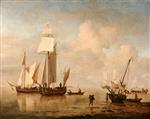 Willem van de Velde - Bilder Gemälde - A Calm Sea with Two Fishing Boats and a Third Beached