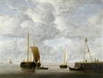 Willem van de Velde - Bilder Gemälde - A Dutch Hoeker at Anchor near a Pier