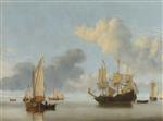 Willem van de Velde - Bilder Gemälde - A Dutch ship at anchor drying sails and a Kaag under sail