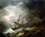 Willem van de Velde - Bilder Gemälde - A Mediterranean Brigantine Drifting Onto a Rocky Coast in a Storm