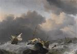 Willem van de Velde  - Bilder Gemälde - The Jupiter and Another Dutch Ship Wrecked on a Rocky Coast in a Gale