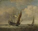 Willem van de Velde  - Bilder Gemälde - Two Small Vessels and a Dutch Man o'War in a Breeze