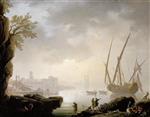 Claude Joseph Vernet - Bilder Gemälde - A Coastal Landscape with a Harbour in the Early Morning