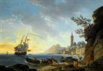 Claude Joseph Vernet - Bilder Gemälde - A Coastal Mediterranean Landscape with a Dutch Merchantman in a Bay