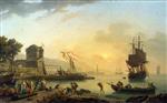 Claude Joseph Vernet - Bilder Gemälde - A Grand View of the Sea Shore Enriched with Buildings, Shipping and Figures