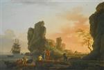 Claude Joseph Vernet - Bilder Gemälde - A Mediterranean Coastal Scene at Sunset