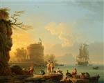 Claude Joseph Vernet  - paintings - A Mediterranean Harbor Scene at Sunset with Fishermen