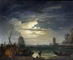 Claude Joseph Vernet - Bilder Gemälde - A Mediterranean Inlet by Moonlight