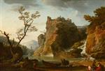 Claude Joseph Vernet - Bilder Gemälde - A River Landscape with a Waterfall and a Castle and Aqueduct Above
