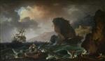 Claude Joseph Vernet  - paintings - A Rocky Coast with Survivors being Retrieved from a Wreck