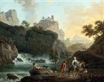 Claude Joseph Vernet - Bilder Gemälde - A Rocky Landscape with a Fisherman and Travellers by a River with a Waterfall