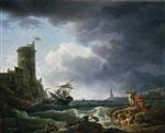 Claude Joseph Vernet - Bilder Gemälde - A Storm with Shipwreck by a Fortress, a Castaway in the Foreground