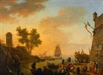 Claude Joseph Vernet  - Bilder Gemälde - Evening Harbour Scene with Boats being Unloaded and Spectators