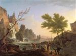 Claude Joseph Vernet  - Bilder Gemälde - Fishermen in a Landscape with a Cascade and a Bridge