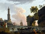 Claude Joseph Vernet  - Bilder Gemälde - Mediterranean Harbor at Sunset with the Artist and Family