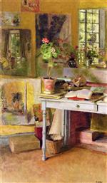 Edouard Vuillard - Bilder Gemälde - At Clayes, Geranium on a Blue Table in front of the Window