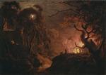 Joseph Wright of Derby - Bilder Gemälde - A Cottage on Fire at Night