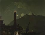 Joseph Wright of Derby - Bilder Gemälde - A Moonlight with a Lighthouse, Coast of Tuscany