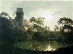 Joseph Wright of Derby - Bilder Gemälde - A Moonlit Lake by a Castle