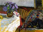 Pierre Bonnard  - Bilder Gemälde - Interior, The Dog, Black, and Bouquet of Lilacs