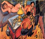 Ernst Ludwig Kirchner  - Bilder Gemälde - Erich Henkel and Otto Mueller Playing Chess