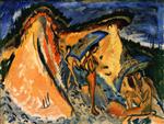 Ernst Ludwig Kirchner  - Bilder Gemälde - Fehmarn Dunes with Bathers under Japanese Umbrellas