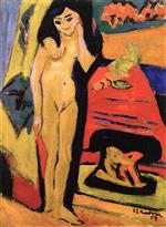 Ernst Ludwig Kirchner  - Bilder Gemälde - Nude Behind a Curtain (Fränzi)