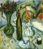 Ernst Ludwig Kirchner  - Bilder Gemälde - Teapot, Bottle and Red Flowers