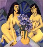 Ernst Ludwig Kirchner  - Bilder Gemälde - Two Yellow Nudes with Bouquet of Flowers