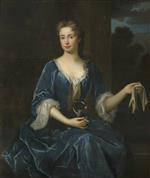 Godfrey Kneller  - Bilder Gemälde - Portrait of an Unknown Lady Holding a Black and White Dog