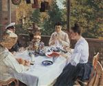 Konstantin Alexejewitsch Korowin - Bilder Gemälde - At a Tea Table