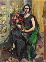 Konstantin Alexejewitsch Korowin  - Bilder Gemälde - Young Lady with a Bouquet of Roses