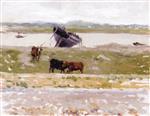 Henri Le Sidaner  - Bilder Gemälde - Cows by a Boat, Etaples