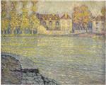 Henri Le Sidaner  - Bilder Gemälde - Houses by the river at sunset