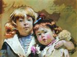 Konstantin Egorovich Makovsky  - Bilder Gemälde - The Artist's Children, Konstantin and Olga
