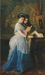 Konstantin Egorovich Makovsky  - Bilder Gemälde - Two Girls Looking at Prints