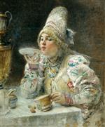 Konstantin Egorovich Makovsky  - Bilder Gemälde - Woman Drinking Tea