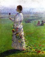 Bild:Beautiful Girl Walking through the Field, a Flower in His Hand