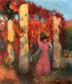 Henri Martin  - Bilder Gemälde - Jeune femme portant une corbeille sur la tête devant une pergola de vigne-verge rouge