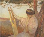 Henri Martin  - Bilder Gemälde - Lady with Lyre by Pine trees