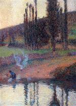 Henri Martin  - Bilder Gemälde - Laundress Kneeling at the Edge of the Water