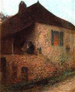 Henri Martin  - Bilder Gemälde - Maison du Lot l'été au couver du soleil sous l'auvent, un berceau et une grand-mère assise