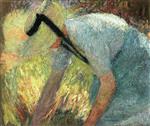 Henri Martin  - Bilder Gemälde - Woman in a Blue Apron and Straw Hat, Picking A Spray of Flowers